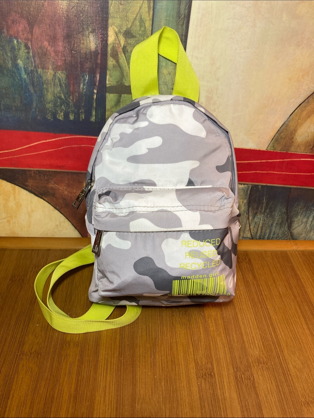 Madden Girl Gray Camo Mini Backpack with Neon Yellow Straps